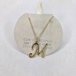 Cubic Zirconia Initial Letter M Pendant Necklace 18k Gold-Plated Sterling Silver